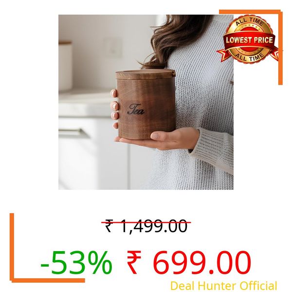 Creation India Craft Wooden Spice Jar Set with Magnetic Lids & Spoons | Salt, Sugar, Coffee & Tea Container | Round Kitchen Condiment Storage (Tea Jar)