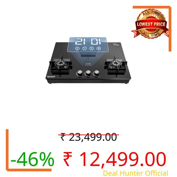 Beyond Appliances Solaria 3 full Brass Burner Smart Gas Stove Auto Ignition | Digital Timer | Flame Failure Device | Toughened Glass | ISI Certified | LPG & PNG Compatible Cooktop | PAN India Service