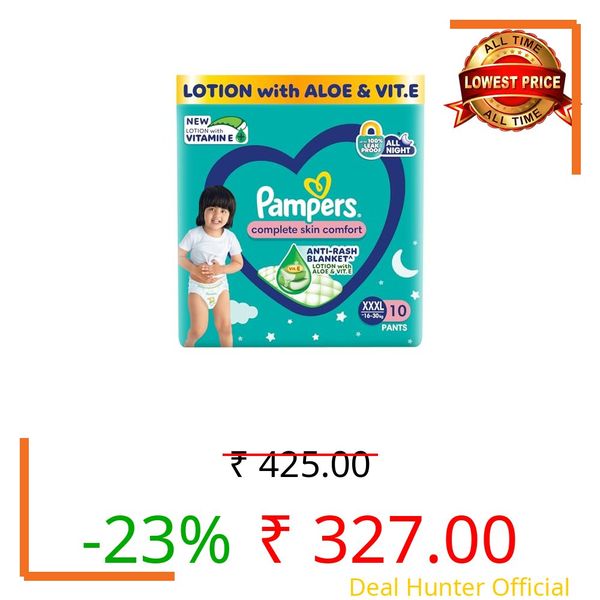 Pampers Complete Skin Comfort Pants, Anti-rash blanket, Lotion with Vitamin E & Aloe Vera, Extra Extra Extra Large size baby diapers (XXXL) 10 Count, 16-30 kg