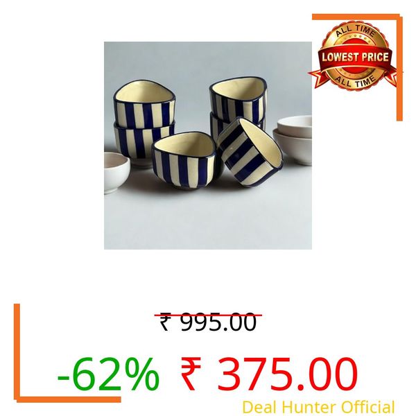 Freakway Handcrafted Blue Striped Ceramic Dip Bowls Set of 6 | Elegant Snack & Sauce Bowls | Microwave Safe, 50 ml Each