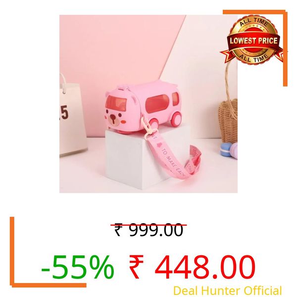 Himanshi Plus Kids Water Bottle with Straw & Stickers | Leak-Proof Sports Plastic Bottle for Girls | Portable Drinking Bottle for School (Mini_BusBottle_Pink_500ml)