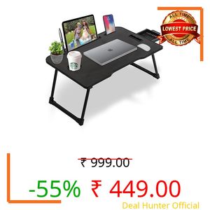 VAGHASIYA ENTERPRISE Kids & Adults Wood Multipurpose Foldable Laptop Table with Cup Holder | Table Home Study Writing Table, Foldable and Portable/Ergonomic Edges (Black)
