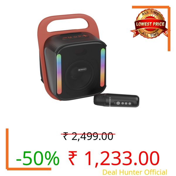 Zebronics Portable BT Speaker, 14W, Upto 4 Hrs Playback, 10.16cm Driver, BT v5.4, USB, mSD, AUX, Splash Proof, Voice Changing Wireless Mic, Carry Handle, Mobile Holder, 6 RGB Modes (Sound Feast 110)