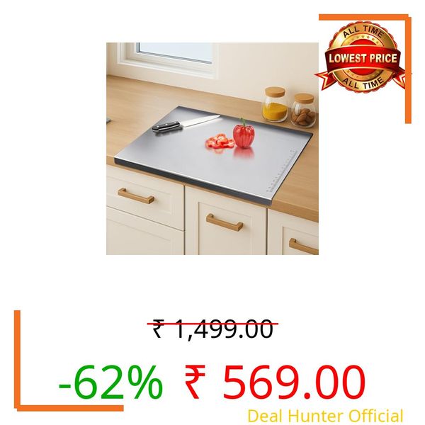 CANWAY® Stainless Steel Chopping Board 36x32 cm with Handle|Anti-Slip Cutting Board for Kitchen|Hygienic & Easy Clean |Ideal for Vegetables, Fruits & Meat|Heavy-Duty Non Slip Chopper|Large