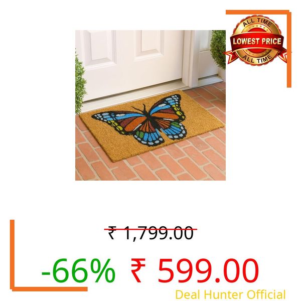 LUXE HOME INTERNATIONAL 100% Natural Coir Doormat for Home Entrance – Anti Skid with Rubber Backing Durable & Eco-Friendly Door Mat Coir Mat Indoor & Outdoor with Butterfly Print Design (71x45 cm)