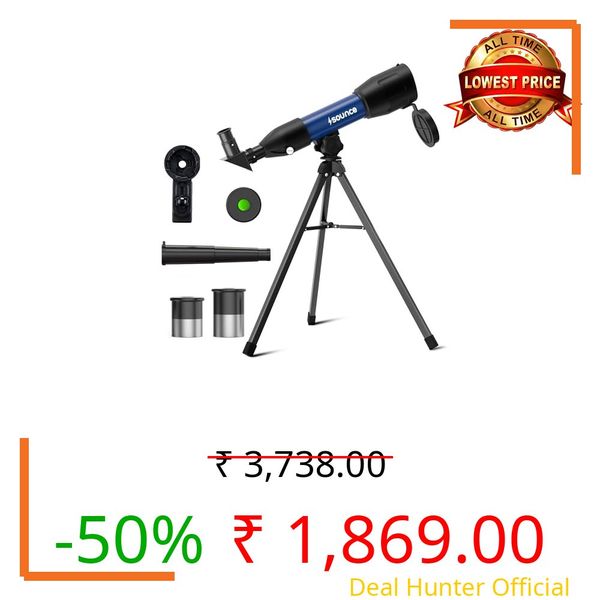 Sounce 50mm Astronomical Land and Sky Refractor Telescope with 28.8x -86.4x Zoom Fully Coated Optics Compatible with Beginner Astronomy Viewing for Kids and Adults Portable Tripod Phone Holder (Black)