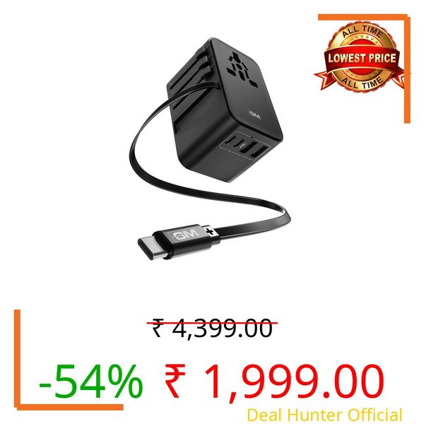 GM G+ 35W Travelease Pro with Retractable Cable |75cm Type C Cable |Universal Plug Charger with 2 USB-C & 2 USB-A Ports| Gan Fast Charging Travel Charger| Indicator | Advanced Safety Features - Black