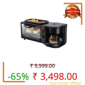 HARIRUP MultiChef Pro 3 in 1 Breakfast Maker With Oven Toaster Griller, Coffee Maker, Frying Pan | Adjustable Temperature & Timer, Bake, Grill & Toast- Black