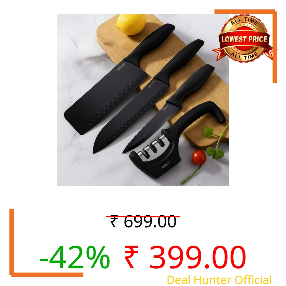 Solitude Kitchen Knife Set with Sharpener 4-Pcs Set Steel Knife Set Ultra Sharp Knife for Kitchen Use | Cooking Knife for Chef Knife, Cleaver & Paring Knife + 3-Stage Manual Sharpener
