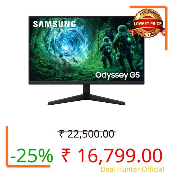 Samsung 27" Odyssey G5 Fast IPS Gaming Monitor|QHD 2560 x 1440|200 Hz|1ms|300nits|HDR10|FreeSync Premium|Ports-DP,2 HDMI,Headphone|Wall Mountable|LS27FG530EWXXL|Black