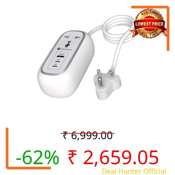 Portronics 67W Volt 65 Pro High Speed Smart Desktop Charger, 1M Copper Cable, 2 x Type C PD Port, 1 x USB Mach Port,2 x AC Power Socket, Compatible with Laptop,Smartphones,iPhones,Tablet(White)