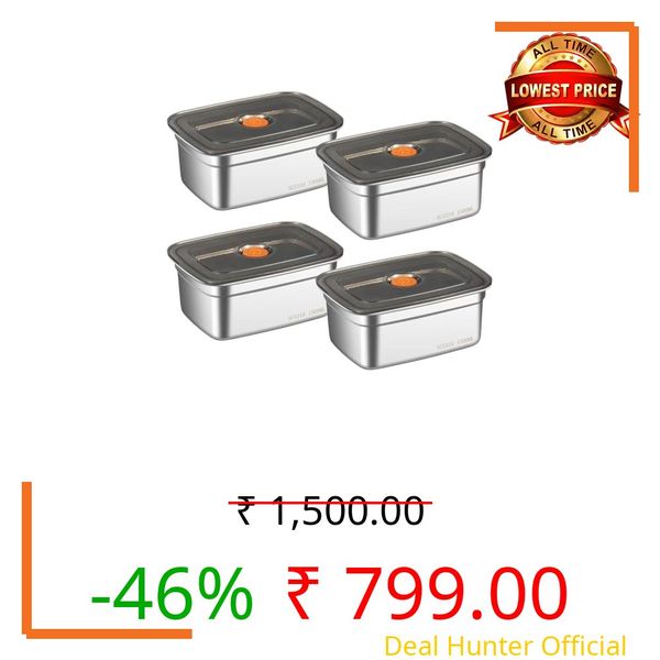 BYKOINE Fridge Storage Box 316 Stainless Steel Food Storage Containers | Food Grade, Leakproof Kitchen Organizer | Freshness Locking, Microwavable & Freezer Safe (1500ml Pack Of 04)