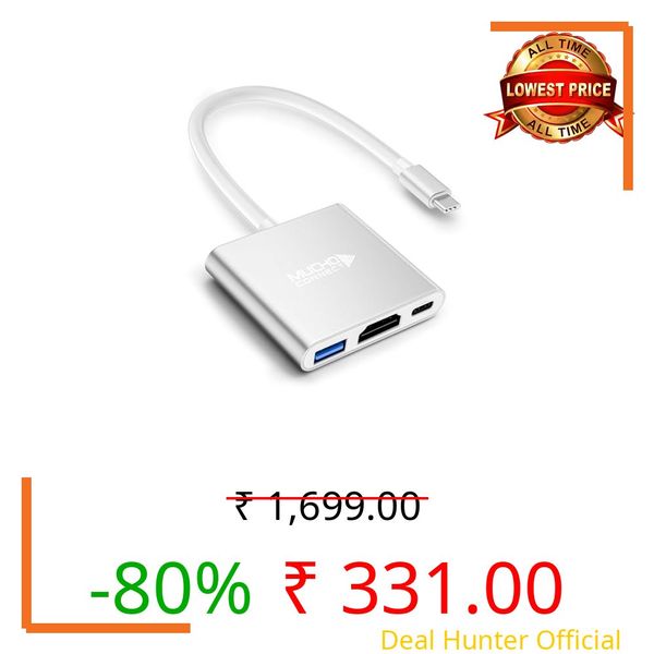 Muchoconnect Type C to HDMI Adapter (3-in-1), Multiport USB C Hub with 4K@30Hz, USB 3.0 @ 5Gbps, 100 W PD Charging Port for Laptop, MacBook, PC and Other Type C Devices (White)