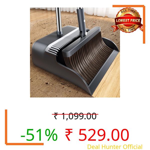 Broom and Dustpan Set for Home, Broom with Dustpan Combo Set with Extra Brush Head & Long Handle, with Dustpan Teeth for Pet Hair, Indoor/Outdoor Sweeping