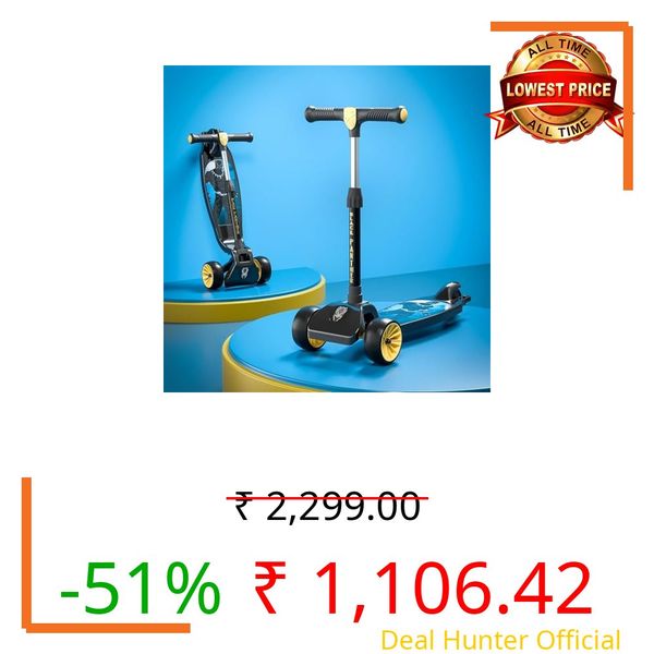 Kuber Industries Marvel Black Panther Plastic Foldable 3-Wheel Kick Skating Cycle for for 3+ Years Kids | Skate Scooter Capacity Upto 45 Kgs | 4-Level Adjustable Height Skating Scooter | Black