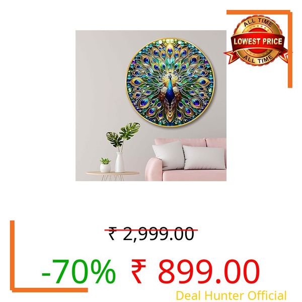 Livin'luxe Vibrant Peacock Round Wall Art | Sparkle lamination MDF Panel with Golden Premium PVC Frame | Multicolor Luxury Wall Decor | Modern Art Frame for Home Decoration and Gifting (23 x 23 Inch) GR-305