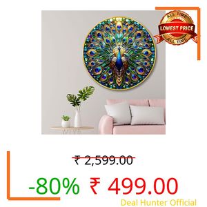 Livin'luxe Vibrant Peacock Round Wall Art | 3D Embossed MDF Panel with Golden Rim | Multicolor Luxury Wall Decor | Modern Art Frame for Home Decoration and Gifting (16 x 16 Inch) GRM-305