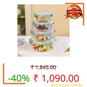 Nestasia Nestro Airtight Glass Containers with Lid Set of 4 (215ml, 400ml, 600ml, 950ml) | Spill Proof Round Glass Containers with Break Free Lock - Microwave, Dishwasher & Freezer Safe (Green)
