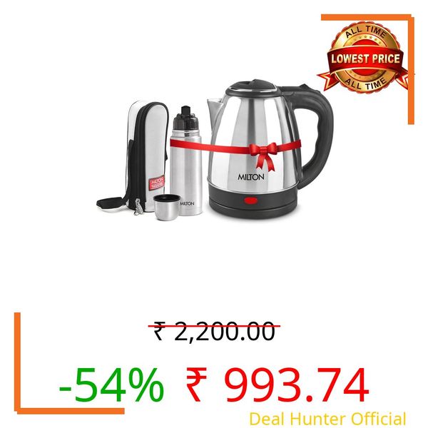 Milton Go Electro Stainless Steel Electric Kettle 1500+Flip Lid 350 Thermosteel Bottle, Super Fast Boiling with 3X Protection Kettle-Overheat, Dry Boil Protection, Leak Proof, Vacuum Insulated, Silver