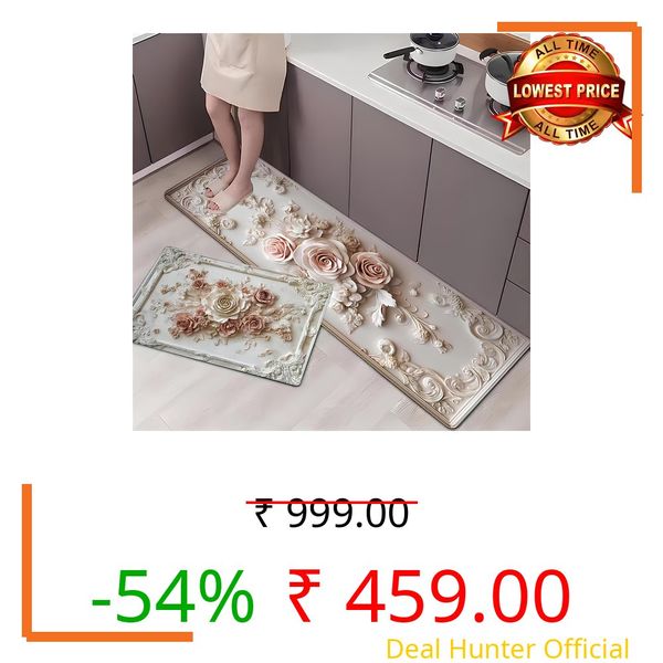 Roslen 2 Pcs Kitchen Mats, Luxury 3D Floral Kitchen Mat, Waterproof Memory Foam Standing Desk Floor Mat Non Slip Kitchen Rugs, Comfort Runner Rug Floor Carpets for Kitchen, Sink, Balcony & Home