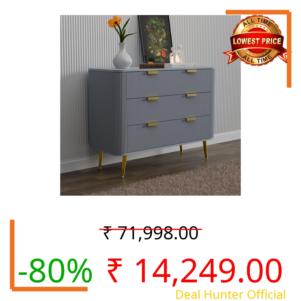 GCA1 WOODZONE Wooden Chest of Drawers | 3 Drawers Dresser Console Cabinet for Bedroom, Living Room, Drawing Room & Office | Multipurpose Storage Sideboard | HDMR Premium Wood and Iron | Light Grey