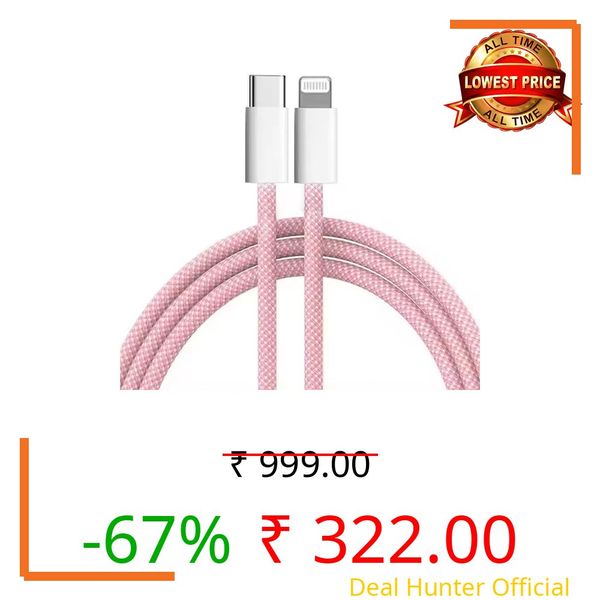 Punnkk Braided USB-C to I Fast Charging Cable Compatible for iPhone 14, 13, 12,11, X, 8, 7, 6, 5, iPad Air, Pro, Mini, iPad Pink Color