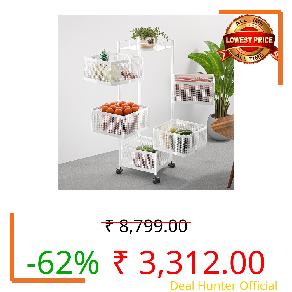 Kuber Industries 5-Tier Large Kitchen Trolley with Wheels | Metal Square Storage Rack for Fruits & Vegetables, Bathroom | Rolling Cart for Corner Space | White