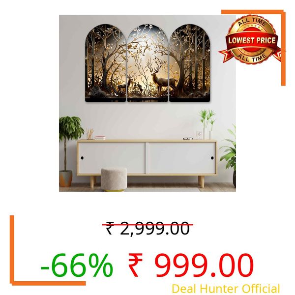 Livin'luxe Golden Deer Forest Arch Shape Wall Painting Set of 3 | Luxury 3D Abstract Trees & Wildlife Art | HD Textured MDF Panels for Living Room Bedroom Home Decoration (20 x 30 Inch) RPNS-35368