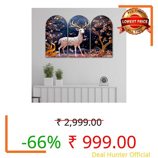 Livin'luxe White Deer Fantasy Arch Shape Wall Painting Set of 3 | Floral Golden Design | MDF Textured Panel Artwork for Living Room, Bedroom, Hall & Home Decoration (20 x 30 Inch) RPNS-35383