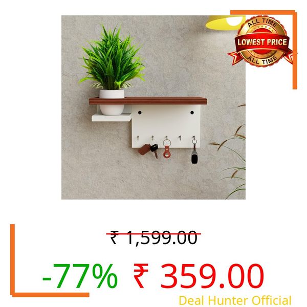 Sanvox Engineered Wood Key Holder with Artificial Plant Pot - 5 Hooks (Walnut & White)