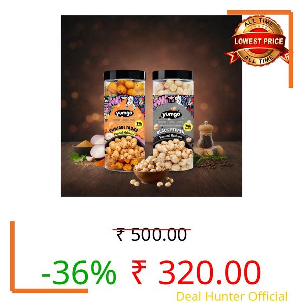 Yumgo Roasted Punjabi Tadka + Black Pepper Makhana |Crunchy Foxnuts, Lotus Seeds | Healthy & Guilt-Free Snack | Cholesterol Free Gluten Free | Rich In Protein & Fiber| combo pack of 2 (80gm X2)