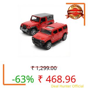 HOMEYS 1:32 Metal DieCast Toy Car Combo of 2 - Pull Back Mini Model Vehicles with Realistic Design and Openable Doors, Includes Red - Hum-mer & Thar