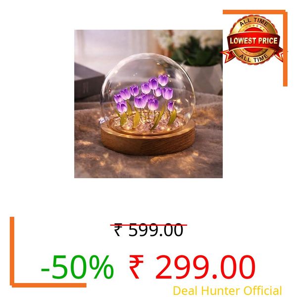 One94Store Artificial Tulip LED Night Lamp – Glass Decorative Light with 10 Purple Flowers for Bedroom, Living Room & Table, Romantic Decor, Valentine Day Gift, Love Gift for Her, Couple Gift
