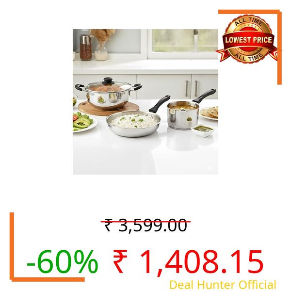 CELLO Galaxy Steelox 3 Pcs Cookware Set | Kadhai with Glass Lid 3L, Milk Tea Saucepan 1.5L, Multipurpose Frying Pan 2L | Gas Stove Compatible, Riverted Handle Stainless Steel Cooking Set for Kitchen