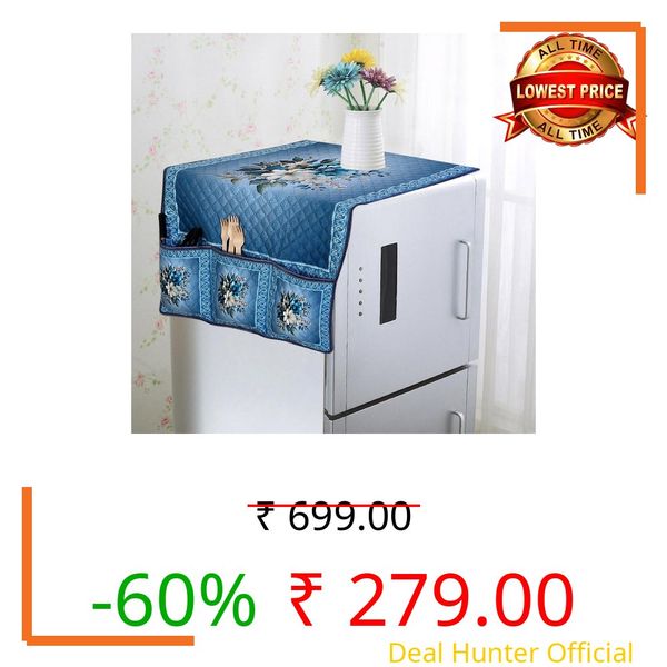 CLiDE Velvet Solid Print Fridge Top Cover (94 x 54 x 1 cm) with Side Utility Pockets | Washable Cotton Material | Dustproof Refrigerator Cover with 6 Storage Pockets (Blue)