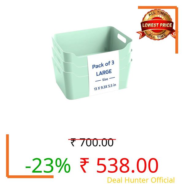 KOLORR Jolly Plastic Large Baskets with Handle for Storage Box| Multipurpose Light Weight Plastic Baskets organiser for Clothes Toys Stationary Cosmetics Livingroom Bathroom | Pack of 3 - Mint