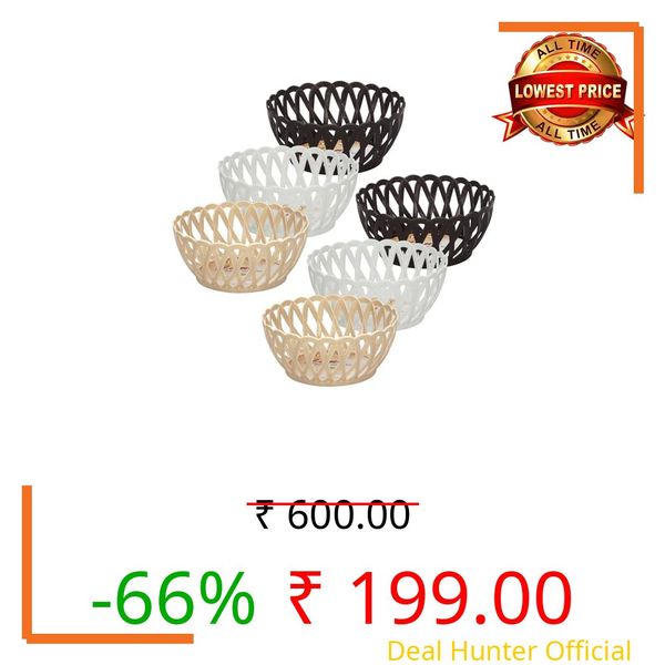 RATAN PLASTICWARE Cane Small Plastic Storage Basket for Fruits, Vegetables & Snacks – Decorative Woven Design for Kitchen, Dining Table & Home Use I Pack of 6 - BEIGE/Dark Brown/OFF WHITE