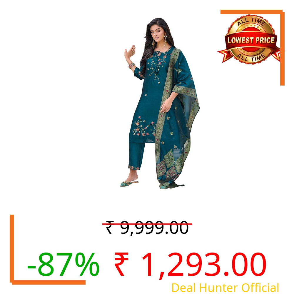 VredeVogel Women's Silk Blend Kurta Pant Set with Inner & Dupatta (Teal_Small)