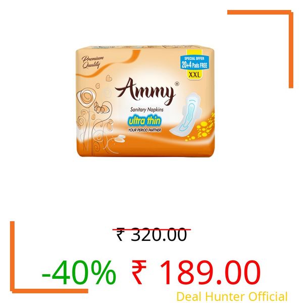 Ammy Super Absorbent Ultra Thin Sanitary Pads - 24 Pcs XXL Size for Heavy Flow | Cottony Soft, Rash-Free, Leak-Lock with 7 Layer Protection & Advanced Gel Lock Feature | Pack of 1