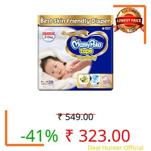 Mamypoko New Baby| Tape Style Baby Diapers, 28 Count, 3-5kg||2x Instant Absorption| Soft stretchy fit |Natural Extracts for Nourishment | Loose Stool Stopper, Wetness Indicator