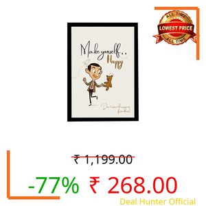MIRA MEST Make Yourself Happy Wall Art Frame | Positive Quote Artwork with Cartoon Man & Teddy | Self Happiness Motivational Poster | Ready to Hang Frame for Bedroom Living Room & Office Decor