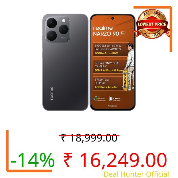 realme NARZO 90 5G (Carbon Black,6GB+128GB) | 7000mAh Biggest Battery | 60W Fastest Charging | 50MP Front & Rear AI Cameras | 4000nits Brightest Display | AI Assist | IP69 Dust & Water Resistance