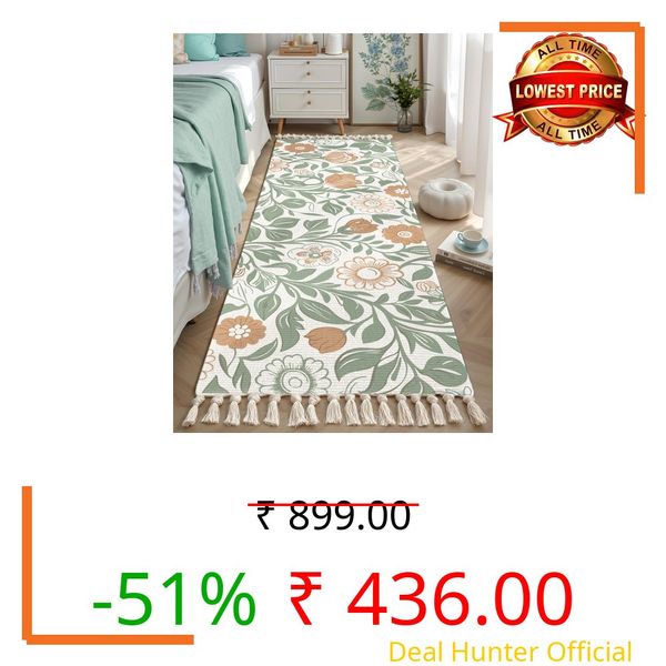 ANTIQUE HANDMADE Hand Woven 100% Natural Cotton Export Quality Designer Rug, Bed Side Runner for Bedroom, Passage,Living Room, Size- 22 x 60 Inches,Pack of 1 (Printed 01)