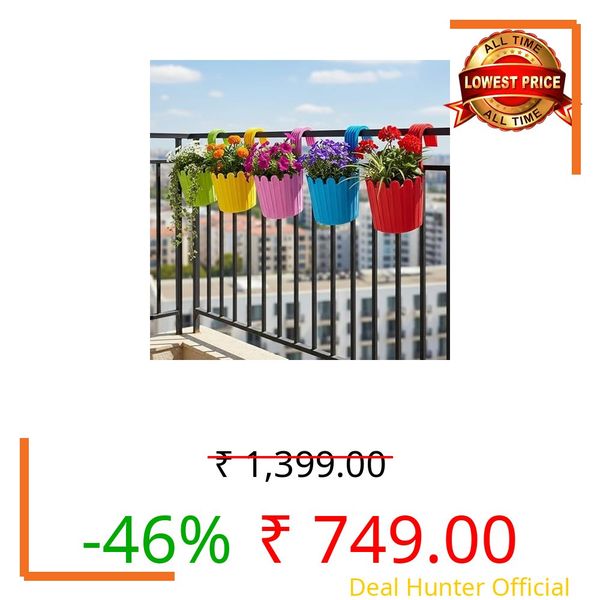 KORREL SEEDS Premium Multicolour Railing Planter with Hook – Durable Plastic Hanging Flower Pot for Balcony, Fence Design Gamla for Indoor/Outdoor Plants, Herbs & Creepers (5, Multicolour)