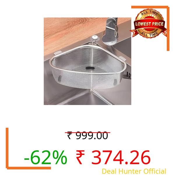 VENDIFY Stainless Steel Sink Corner Strainer Basket – Triangular Drain Rack & Shelf Organizer for Kitchen Sink | Multi-Use Fruit, Vegetable, Soap & Sponge Holder | Rust-Resistant Filter Rack (Silver)