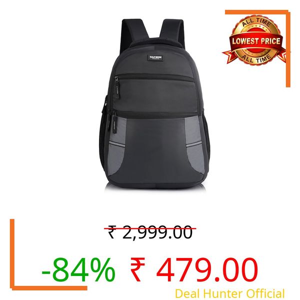 Half Moon 30L Laptop Backpack for Men & Women, Polyester, Water Resistant, Padded Sleeve with Reflective Strip, Black & Grey