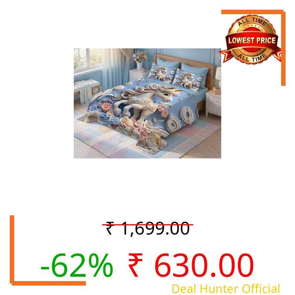 Virasaah 7D Fairy Tale Collection Double Bedsheet 90x100 inch with 2 Pillow Covers | Good Stitching, Soft Fabric & Vibrant 7D Digital Print for Kids & Couples (Blue)