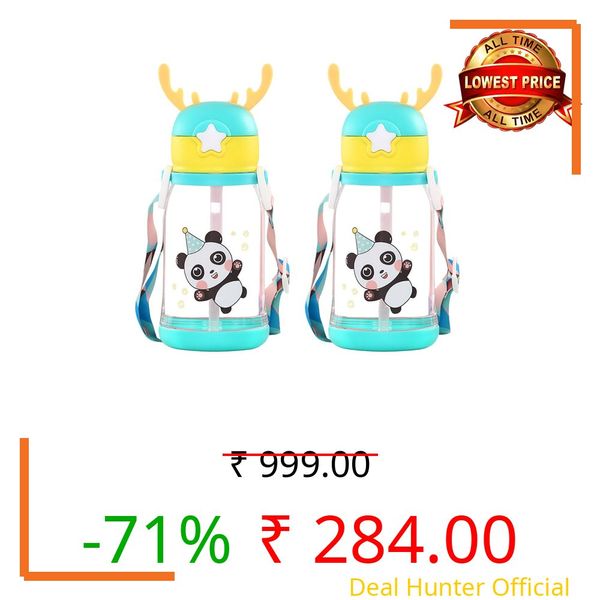Antlers Water Bottle for Kids 600ml BPA Free | Soft Silicone Sipper Transparent Bottle for Boys & Girls | Reusable Leak Proof with Strap for School, Sports, Travel & Outdoor Use – Pack of 2 (Green)