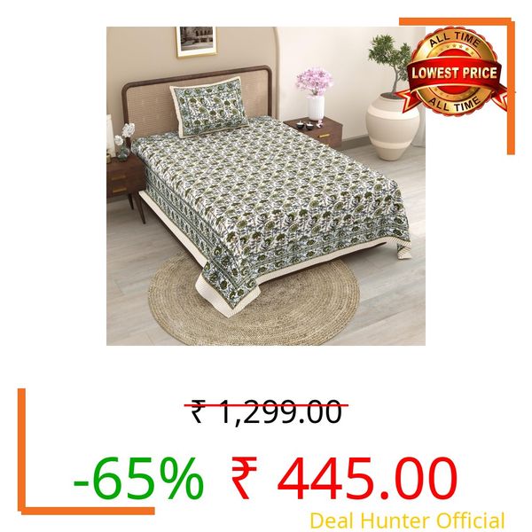 YUGRUSH 100% Cotton Single Bedsheet with 1 Pillow Cover I Jaipuri Traditional Sanganeri Print 240 TC Cotton Bedsheet for Single Bed | 60x90 Inch - Multicolour Floral Print (Multicolor 7)