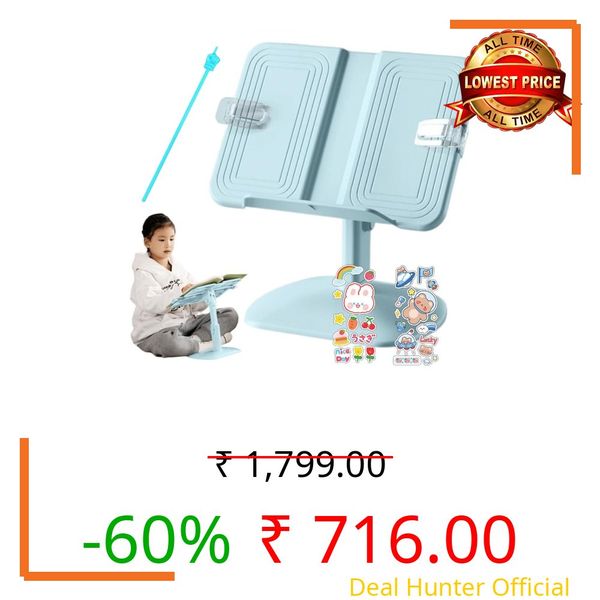 SEMITO Adjustable Height Kids Reading Book Stand – Expandable 29–46cm Book Holder with 26–35cm Height Adjustment, Transparent Clips, Ergonomic Study Desk Stand for Children, Tablets & Textbook (Blue)